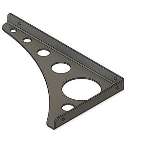 Puede incluir: Un soporte de estante de metal gris oscuro con un diseño curvo. El soporte presenta varios recortes circulares de varios tamaños a lo largo de su borde curvo y orificios de montaje. El soporte está diseñado para montarse en una pared.