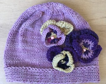 Lavender Pansy Flower Beanie
