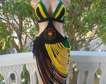 Handmade  High Waist Jamaican 2-Piece Crochet Swimsuit - Unique Island Style Bathing Suit in Red, Green, and Gold