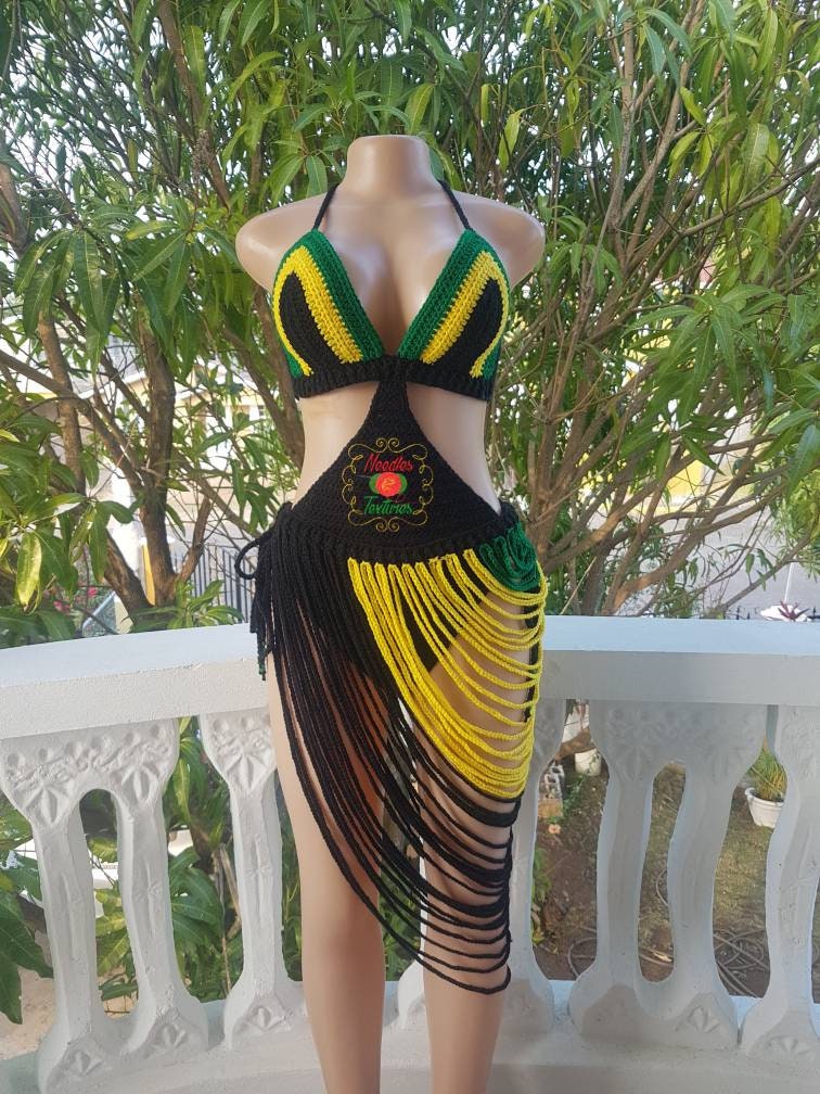 Handmade High Waist Jamaican 2-piece Crochet Swimsuit Unique Island Style  Bathing Suit in Red, Green, and Gold 