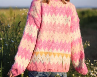 Suéter PRIADKA tejido a mano, Fair Isle noruego, islandés, lana de alpaca, jersey escandinavo de lana, jersey de esquí nórdico tradicional
