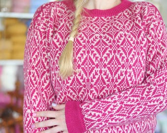 MORENA pink knitted sweater by PRIADKA Norwegian fair-isle Wool alpaca silk Scandi pullover Nordic ski jumper Slavic inspired pattern