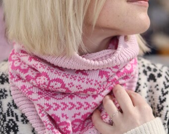 SPRING FAE ,pink fuchsia,knitted cowl,Norwegian fair-isle pattern,cotton ,Nordic neck warmer,Winter cotton