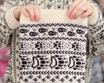 TRACKS of the Woods,black white,knitted cowl,Norwegian fair-isle pattern,Wool alpaca,Nordic neck warmer,Winter wool
