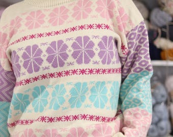 MOIRA pink/lilla/blue knitted sweater,Norwegian fair-isle Wool alpaca silk Scandi pullover Nordic ski jumper Slavic inspired pattern