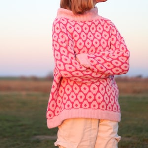 May include: A pink and white patterned sweater with a high neck. The sweater has a geometric design with a repeating pattern of circles and diamonds.