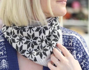 KNUT, grey black,knitted cowl,Norwegian fair-isle pattern,Wool alpaca,Nordic neck warmer,Winter wool