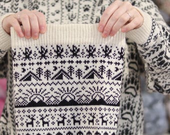 WANDERLUST ,black white,knitted cowl,Norwegian fair-isle pattern,Wool alpaca,Nordic neck warmer,Winter wool