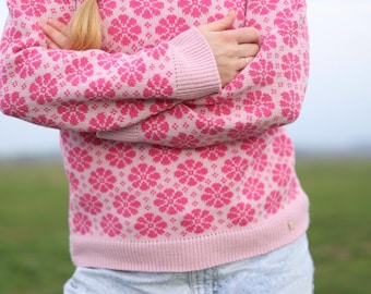 LESANA pink knitted sweater by PRIADKA Norwegian fair-isle Wool alpaca silk Scandi pullover Nordic ski jumper Slavic inspired pattern