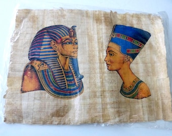 Hand Painted Egyptian art 17" x 13" Depicting King Tutankhamun & Queen Nefertiti On Papyrus