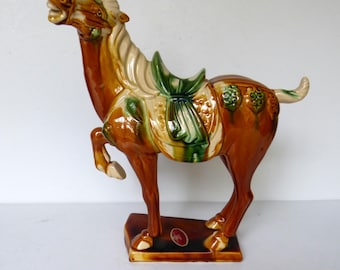 Vintage 10" Chinese Sancai Glazed Finish Tang Dynasty Style War Horse