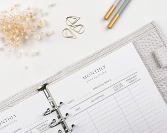 A5 Monthly Expense Log Planner Inserts | Printed Budget Tracker Refill Pages for Personal Organisers
