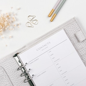 A5 Contacts Record Planner Inserts | Minimalist Address Refill Pages for Personal Organisers