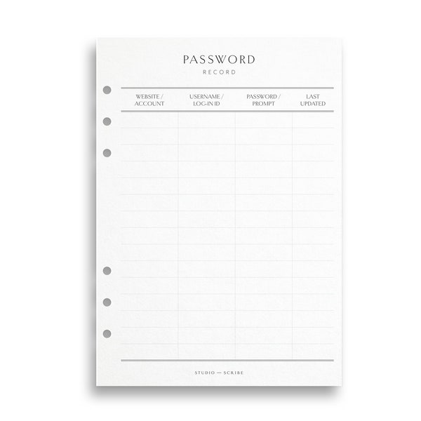A5 Printed Password Record Pages | Log-In Reminder Pages | Account Details Tracker | Diary Refill Pages | Planner Inserts