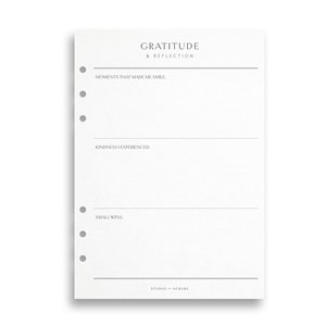 May include: A white planner page with the text "GRATITUDE & REFLECTION" at the top. The page is divided into sections for "MOMENTS THAT MADE ME SMILE," "KINDNESS EXPERIENCED," and "SMALL WINS." The Studio Scribe logo is at the bottom.