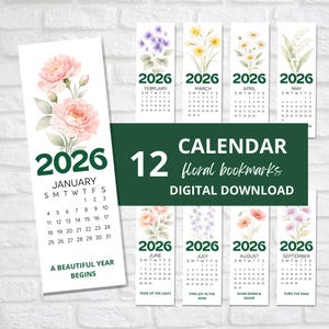 Op de afbeelding: Een set van 12 bloemenlezers voor het jaar 2026. Elke lezer toont een maandkalender met aquarel bloemenillustraties. Het ontwerp bevat de tekst "Calendar" en "Digital Download".