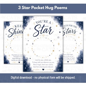 Op de afbeelding: Drie rechthoekige kaarten met donkerblauwe aquarelranden en gouden sterillustraties. De tekst luidt: Keep Shining, You're A Star en Reach For The Stars. Elke kaart bevat een gedicht en een centraal cirkelvormig kader voor een klein object.