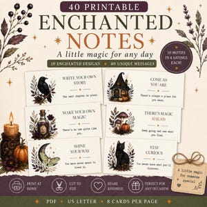 Może przedstawiać: Zestaw 40 kart do druku zatytułowanych Enchanted Notes, zawierający 10 wzorów z ilustracjami kruka, chatki, butelki z eliksirem, grzybów, ćmy i czarnego kota, wraz z inspirującymi tekstami oraz małą etykietą prezentową.