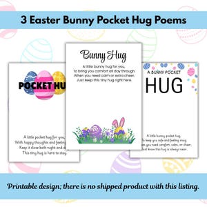 Może przedstawiać: Wyświetlane są trzy wiersze Easter Bunny Pocket Hug. Każda karta zawiera tekst i grafikę wielkanocną, w tym kolorowe jajka i królika. Fraza "Bunny Hug" jest widoczna na jednej karcie. Projekt jest produktem cyfrowym do wydruku.