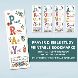 May include: Four rectangular bookmarks featuring floral accents and acronym-based study guides. The designs include PRAY, SOAP, HEAR, and ACTS. Each bookmark measures 5.08 cm by 15.24 cm and contains instructional text for prayer and Bible study.