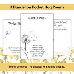 Op de afbeelding: Drie witte kaarten met illustraties van paardenbloemen en inspirerende teksten. De kaarten bevatten de teksten "Pocket Hug", "Make a Wish" en "Little Wish for You". De kaarten staan tegen een bloemenachtergrond.