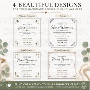 May include: Four square printable tags for reusable hand warmers with botanical, classic, floral, and minimalist border designs. Each tag includes instructions to heat in the microwave for 30 seconds, spot clean only, and notes that it contains rice.