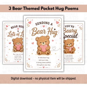 May include: Three bear-themed pocket hug poems. Each card features a brown bear holding a pink heart. The text includes phrases like "Bear Hug" and "Beary Special." The cards are decorated with hearts and stars.