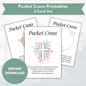 May include: Three white cards with the words "Pocket Cross" printed on them. The cards feature a cross design with floral and dove accents. The words "Instant Download" are on a green circle.