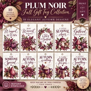 Può includere: Una collezione di dieci etichette regalo rettangolari con disegni autunnali Plum Noir. Ogni etichetta mostra illustrazioni stagionali come dalie, zucche, funghi e lanterne con testi come Wrapped in Autumn, With Warmest Wishes e A Little Gift for you.