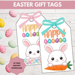Könnte beinhalten: Oster-Geschenkanhänger mit einer weißen Hasenillustration, den Worten "Happy Easter" und bunten Ostereiern. Die Anhänger haben rosa und türkisfarbene Schleifen oben. Der Text "10 Tags Instant Download" ist ebenfalls enthalten.