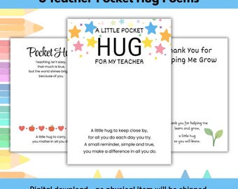 Teacher Pocket Hug Cards Printable, Thank You Teacher Gift, Teacher Appreciation Card, End of School Gift, Instant Download