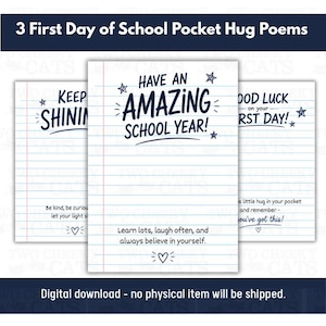 May include: Three rectangular cards featuring lined notebook paper backgrounds with dark blue text. The central card reads HAVE AN AMAZING SCHOOL YEAR! with star and heart accents. The surrounding cards include phrases like KEEP SHINING and GOOD LUCK on your FIRST DAY, along with encouraging messages and small heart illustrations.