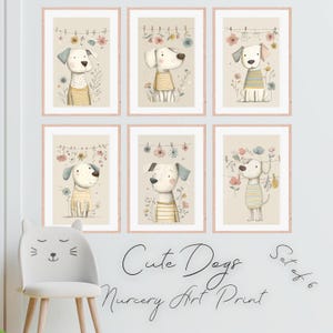 May include: Set of six framed art prints featuring watercolor illustrations of adorable dogs. Each dog is depicted with floral accents and wearing striped shirts. The prints are in soft pastel colors, perfect for a nursery.