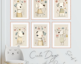 Cute Dogs Nursery Art Prints set of 6 Kids room decor Dog lover gift Puppies in clothes illustration Digital download