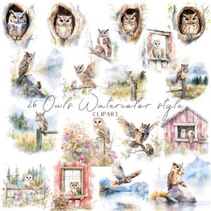 Lot de 26 illustrations clipart hibou de style aquarelle pour le scrapbooking et la fabrication de cartes, téléchargements d'images naturelles de haute qualité au format PNG
