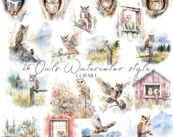 26 Owl clipart watercolor style illustrations for scrapbooking and cardmaking high high-quality nature image downloads PNG bundle