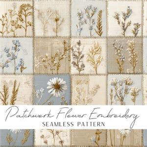 Padrão de bordado de flores em patchwork, bege e azul (arquivo PNG)