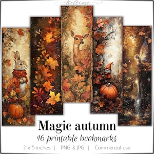 16 Lesezeichen für Herbstzauber mit warmen Farben, bunten Fantasiemotiven und süßen Tieren. Digitaler Download hochauflösende png.