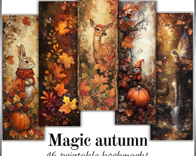 Featured listing image: 16 Autumn magic bookmarks for your fall activities, warm colors fantasy motifs and cute animals. Digital download high resolution png.