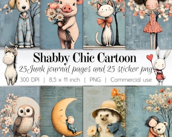 25 Shabby Chic Cartoon Junk journal pages and 25 sticker png. Cute illustrations for your journaling and scrapbooking. High resolution png.