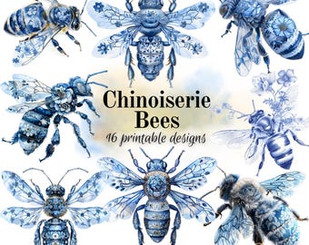 Beautiful bees Chinoiserie style for journals or scrapbooking clipart download to print out for work projects at home for markets or fairs