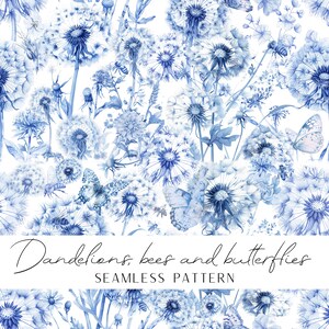 Blue Chinoiserie Dandelion Pattern, Vintage Floral (Digital Download)