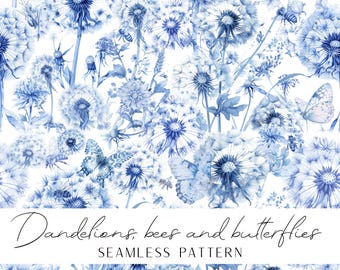 Blue Chinoiserie seamless pattern vintage blue motive of dandelion butterflies and bees for printing crafting different projects downloads