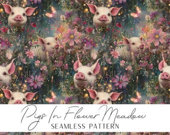 Cute Pigs in a Meadow Seamless Pattern Pig Fabric Design Nature Pattern Animal Lovers Gift Farmhouse Decor pot bellied pig farmhouse style