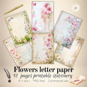 Papeles de carta con flores, papelería imprimible, San Valentín, tamaño 4, descarga instantánea, PDF, páginas para diario, papel rayado, papel para notas, diario.