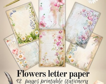 Flower letter papers, printable stationery, valentines, a 4 size, instant download, PDF, journaling pages. Lined paper, Notepaper, diary.