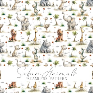 May include: A seamless pattern featuring watercolor illustrations of safari animals, including lions, giraffes, elephants, zebras, and hippos. The design incorporates palm trees and small orange flowers on a white background. The text "Safari Animals SEAMLESS PATTERN" is displayed.