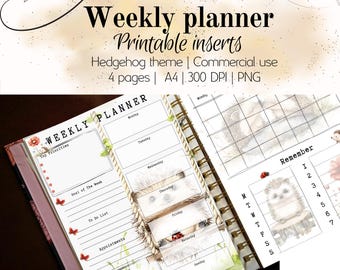 Weekly planner with Hedgehog theme, Weekly agenda, Refill for Filofax or planner, undated pages, Beautiful layout for your planner.