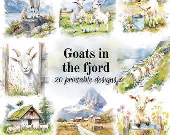 Goats in the fjord clipart bundle watercolor style illustrations scrapbooking cardmaking digital download sublimation, commercial use image.