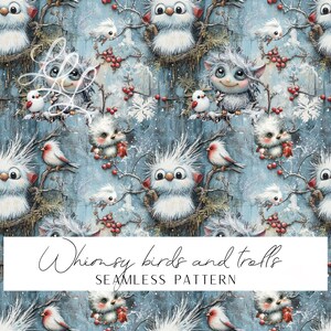 Op de afbeelding: Naadloos patroon met grillige witte vogels en trollen op takken met rode bessen, tegen een lichtblauwe, besneeuwde achtergrond. De tekst "Whimsy birds and trolls SEAMLESS PATTERN" staat onderaan de afbeelding.